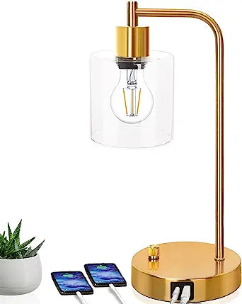 Gold Industrial Table Lamp with 2 USB Ports, Vintage Desk Lamp, 3-Way Dimmable Bedside Reading Lamp with Glass Shade for Bedroom Living Room Office, LED Nightstand Lamp with E26 Bulb